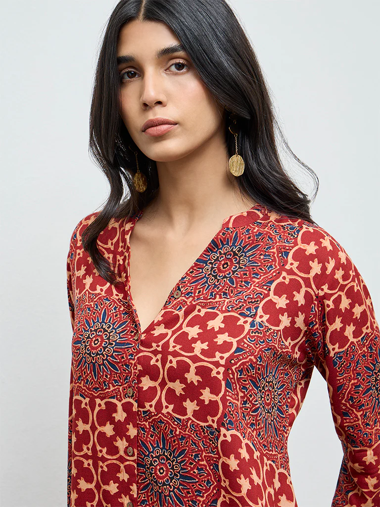 Utsa Red Printed A-Line Kurta - Image 2