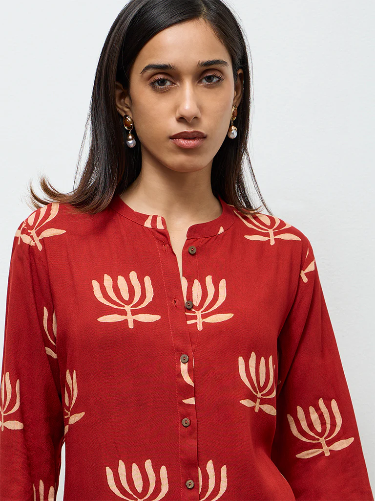 Utsa Red Printed A-Line Kurta - Image 3