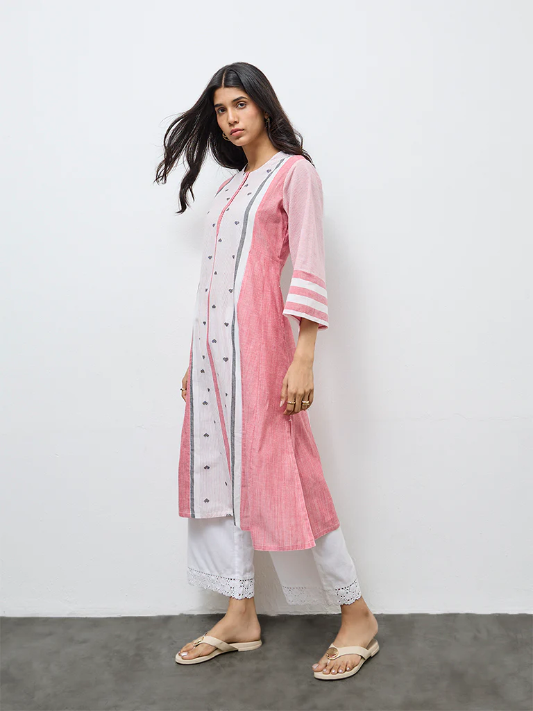 Utsa Red Printed Cotton A-Line Kurta - Image 2