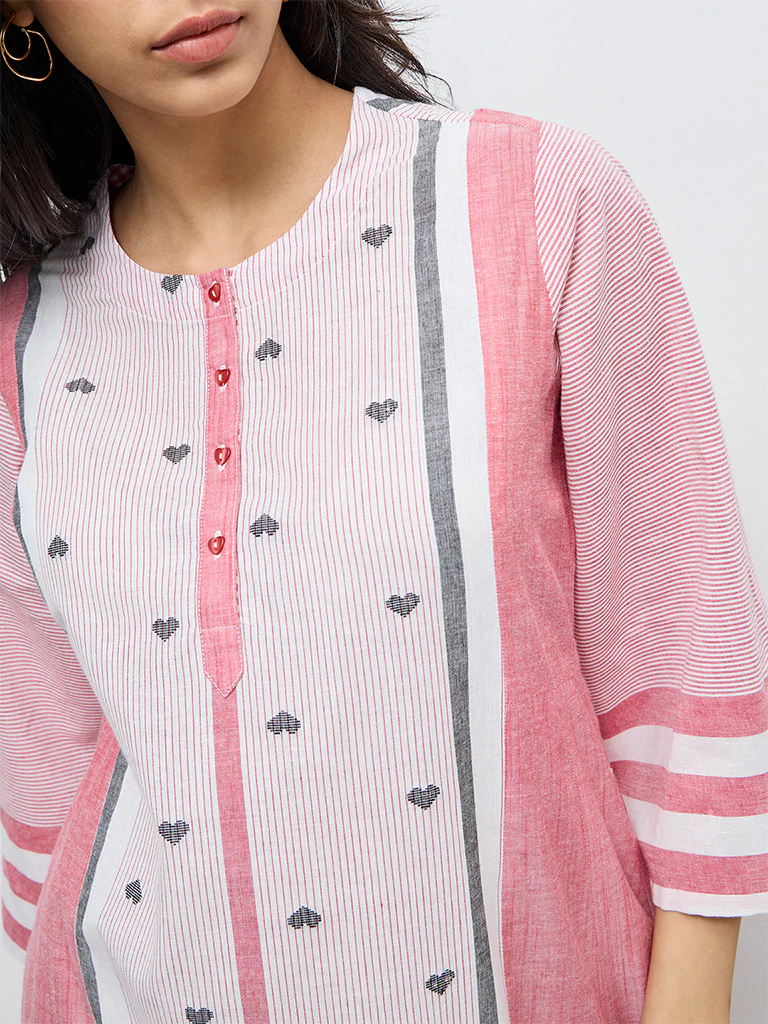 Utsa Red Printed Cotton A-Line Kurta - Image 3