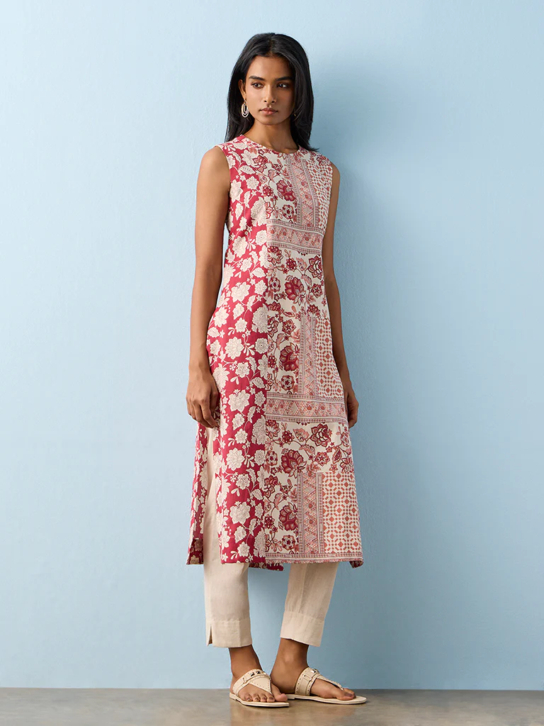 Utsa Red Printed Cotton-Blend A-Line Kurta - Image 2
