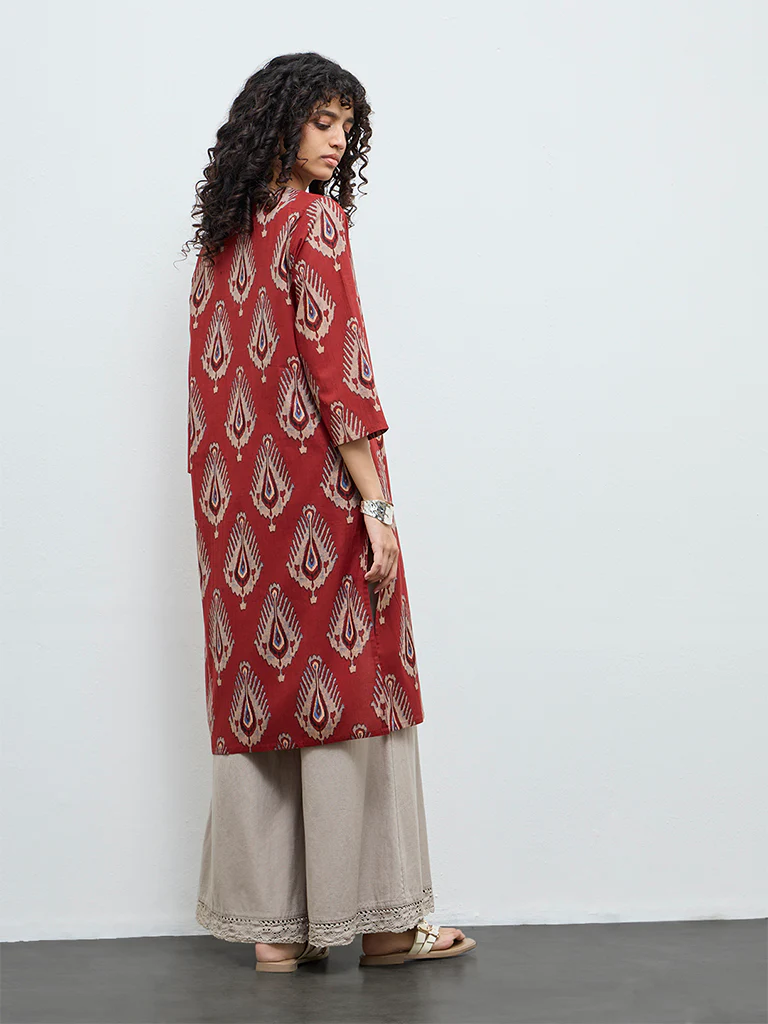 Utsa Red Printed Straight Cotton Kurta - Image 4
