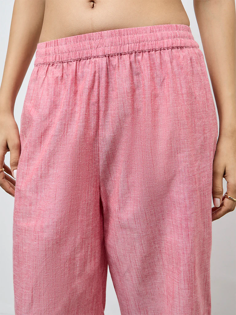 Utsa Red Self-Patterned Cotton Pants - Image 3