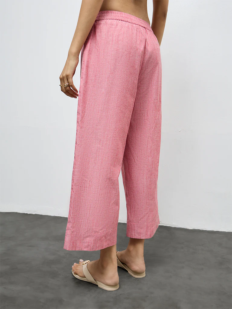 Utsa Red Self-Patterned Cotton Pants - Image 4