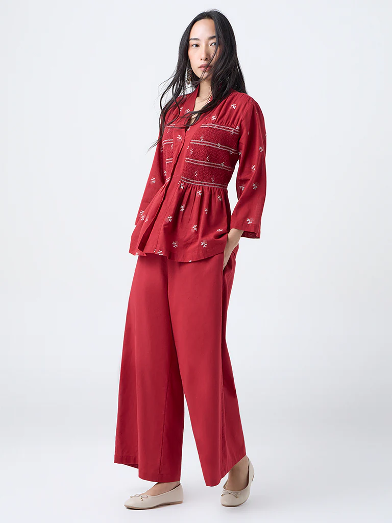 Utsa Red Solid Cotton-Blend Palazzos - Image 2