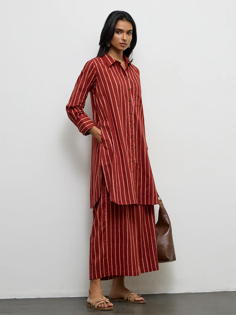 Utsa Red Striped Cotton A-Line Kurta - Image 2