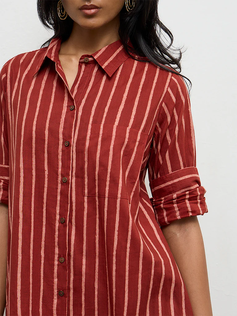 Utsa Red Striped Cotton A-Line Kurta - Image 3