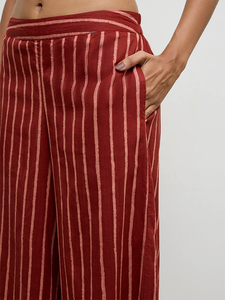 Utsa Red Striped Cotton Pants - Image 3