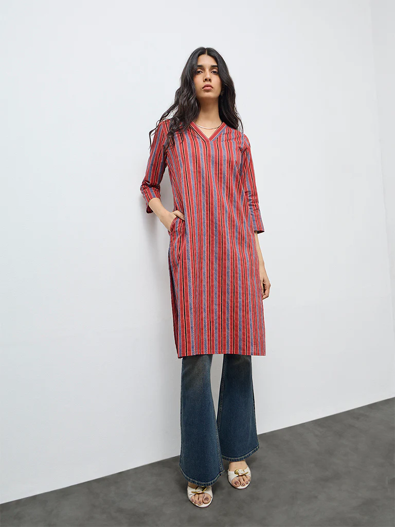 Utsa Red Striped Cotton Straight Kurta
