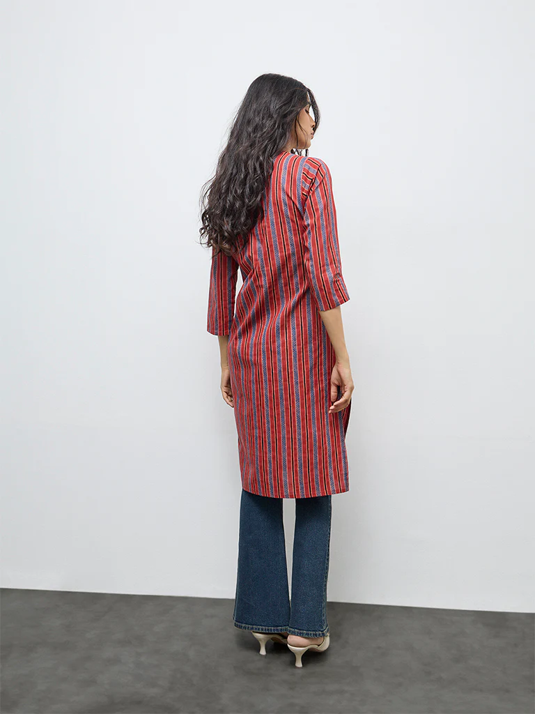 Utsa Red Striped Cotton Straight Kurta - Image 4