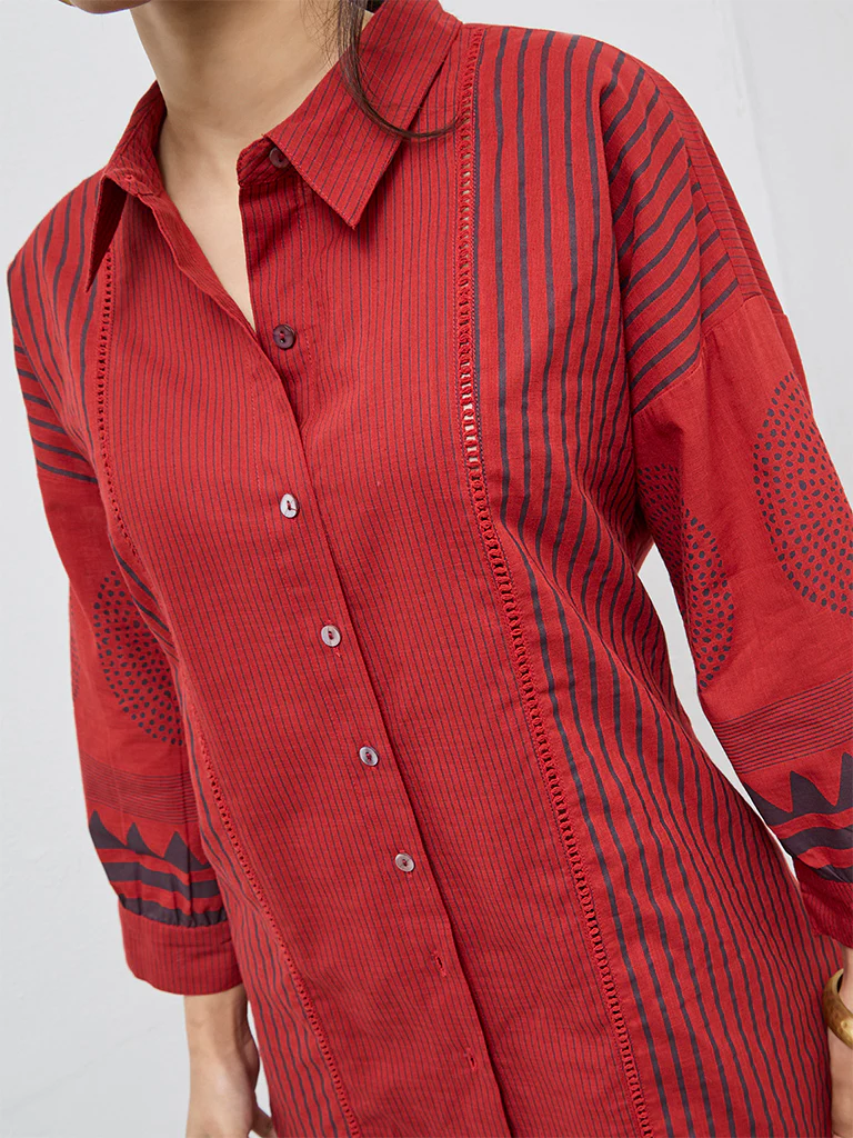 Utsa Red Striped Cotton Tunic - Image 3