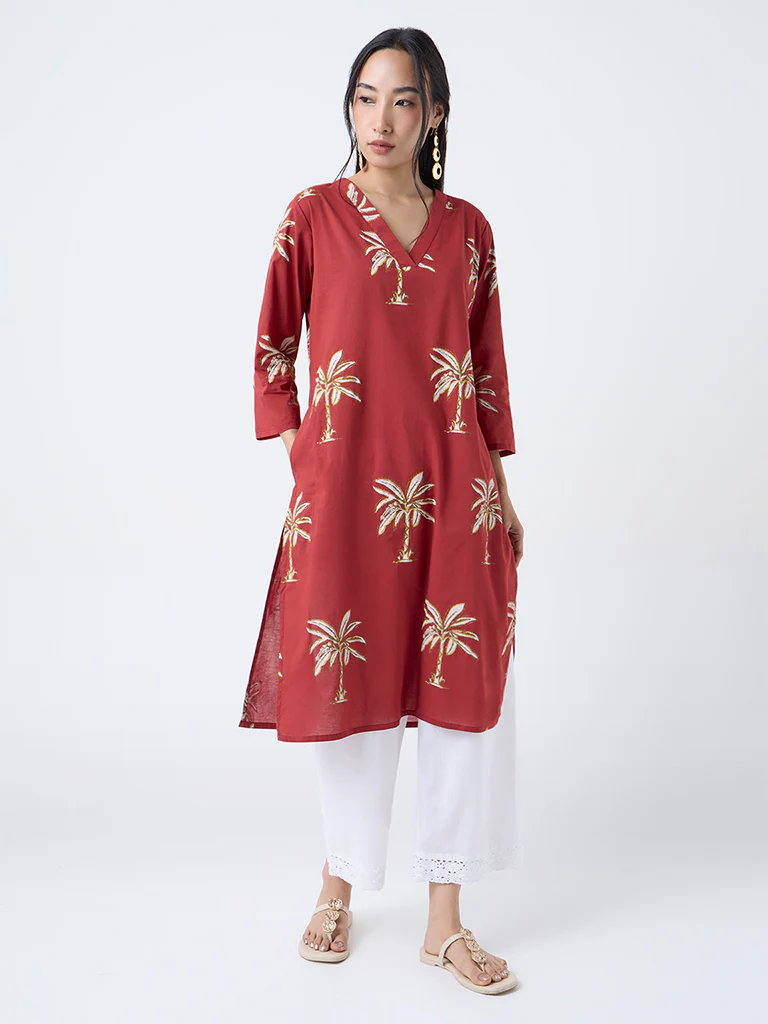 Utsa Red Tropical-Inspired Straight Cotton Kurta - Image 2