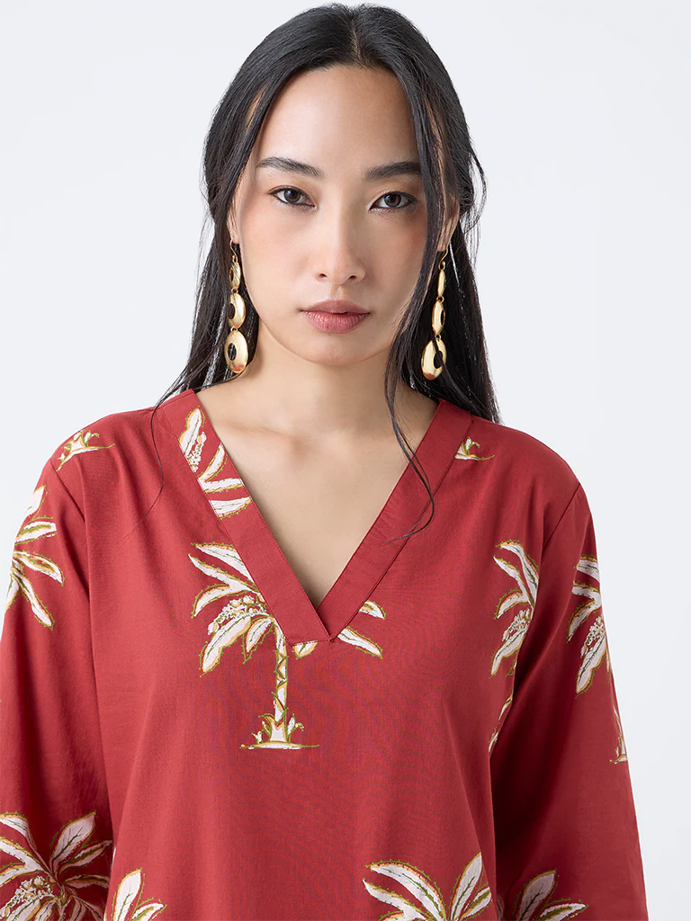 Utsa Red Tropical-Inspired Straight Cotton Kurta - Image 3