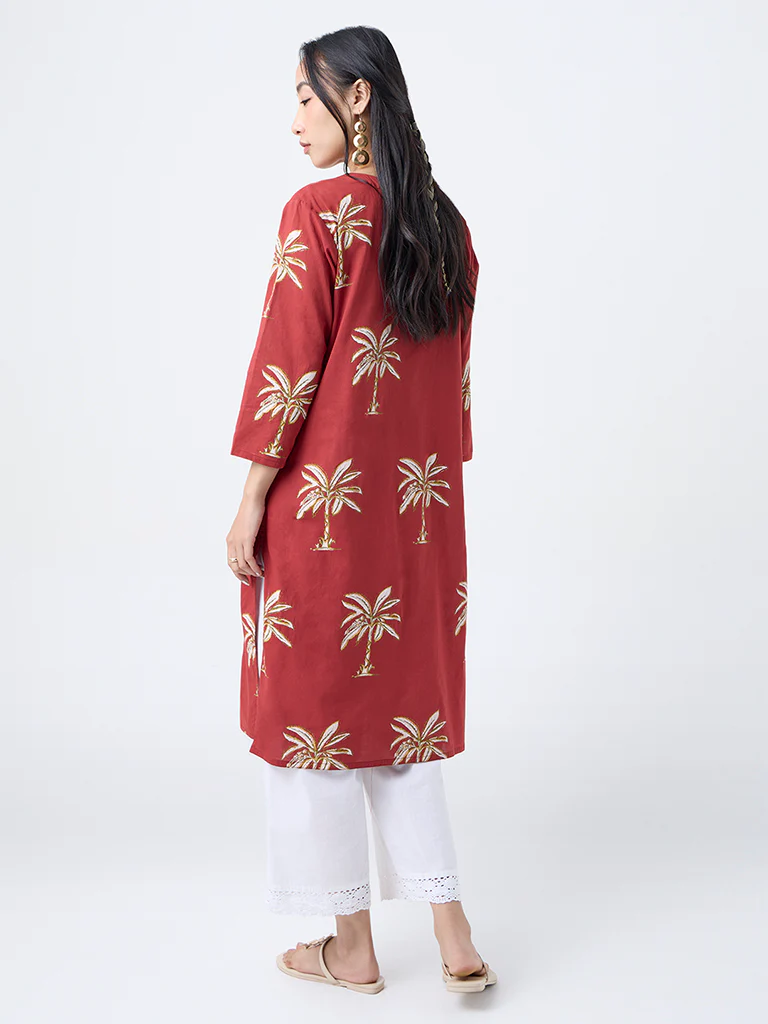 Utsa Red Tropical-Inspired Straight Cotton Kurta - Image 4