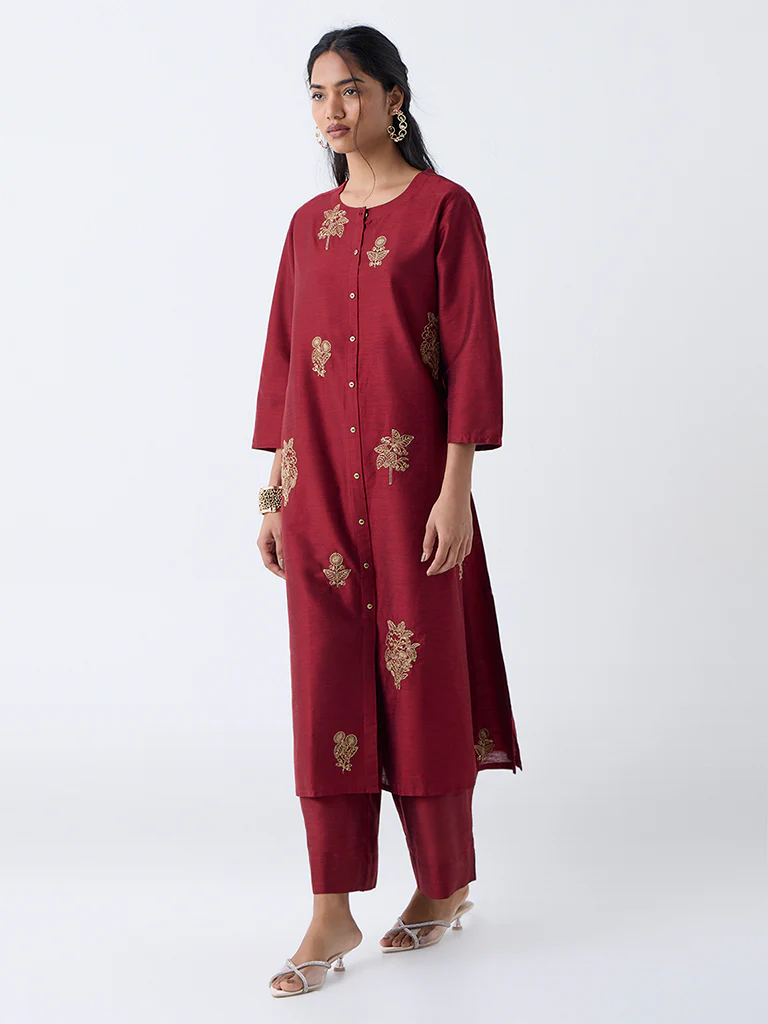 Utsa Red Zari Embroidered A-Line Kurta - Image 2
