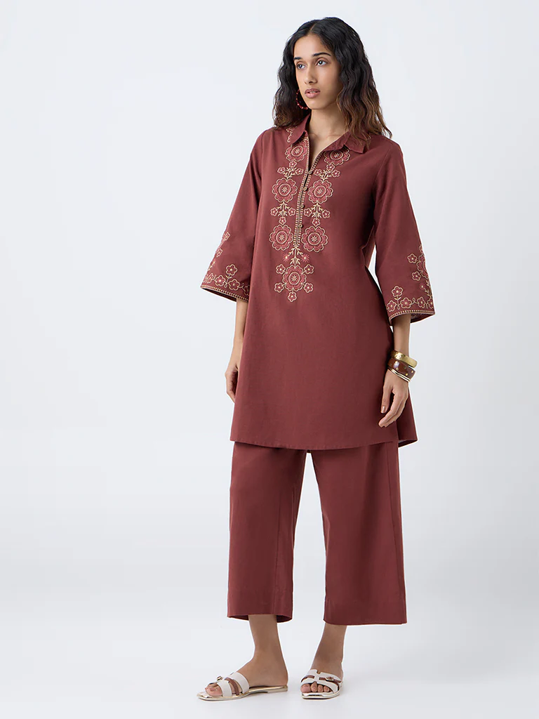 Utsa Rust Floral Embroidered Cotton-Blend A-Line Kurta - Image 2