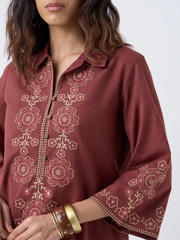 Utsa Rust Floral Embroidered Cotton-Blend A-Line Kurta - Image 3