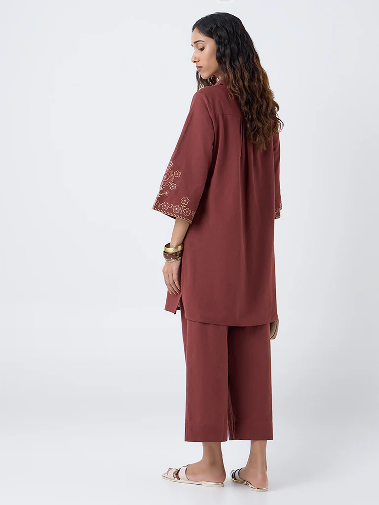 Utsa Rust Floral Embroidered Cotton-Blend A-Line Kurta - Image 4