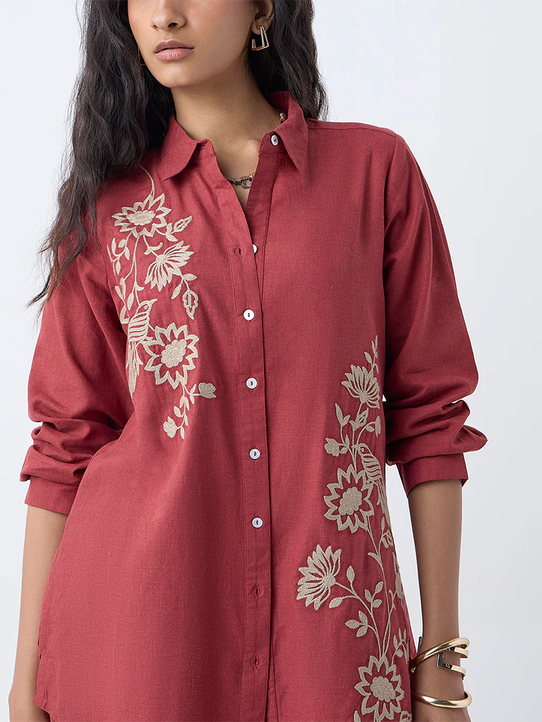 Utsa Rust Floral Embroidered Cotton Tunic - Image 3