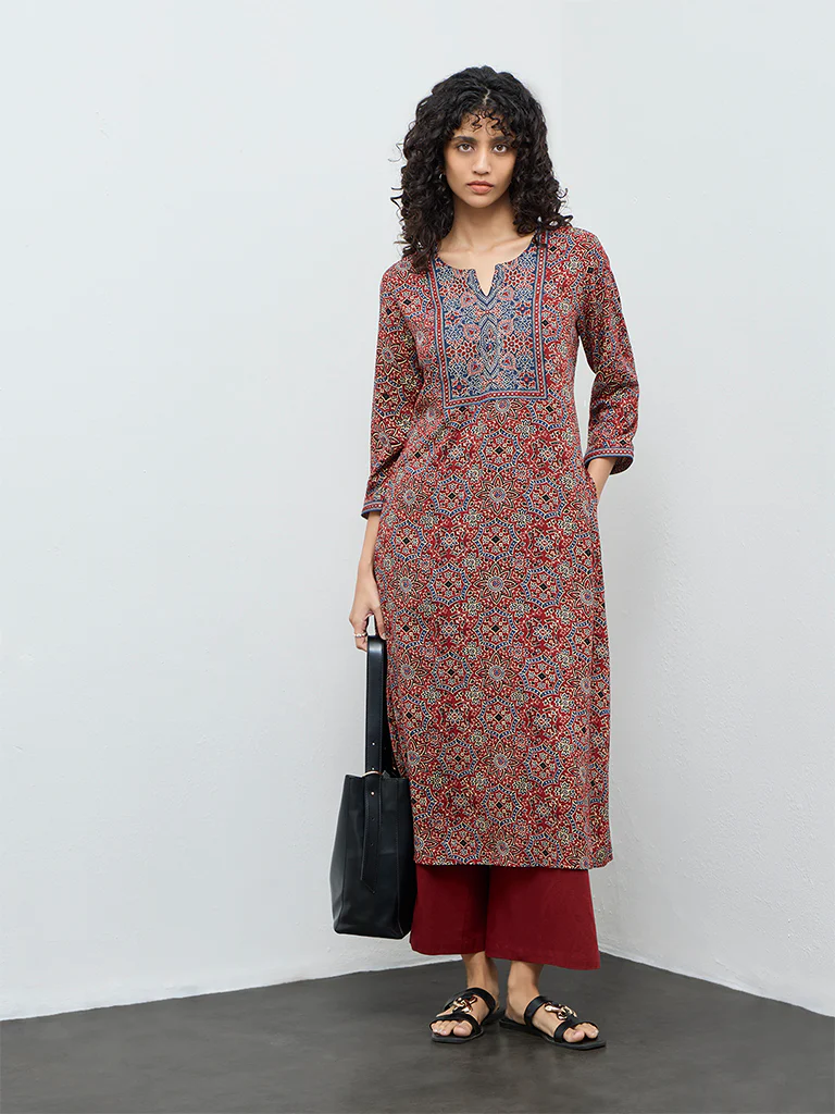 Utsa Rust Floral Printed Cotton A-Line Kurta - Image 2