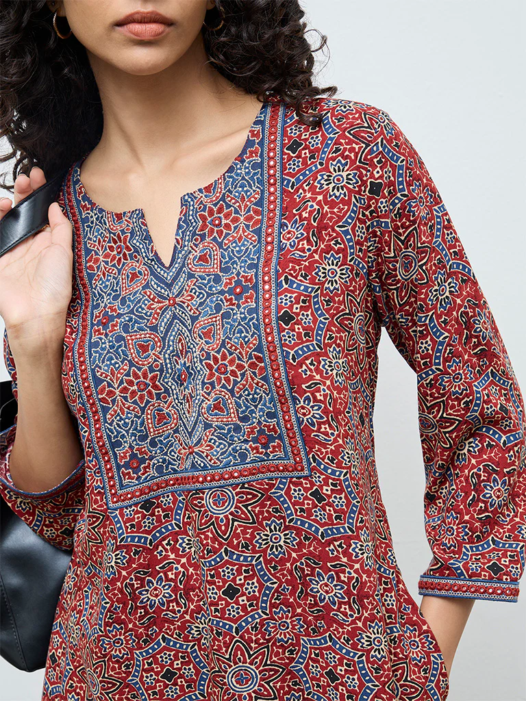 Utsa Rust Floral Printed Cotton A-Line Kurta - Image 3