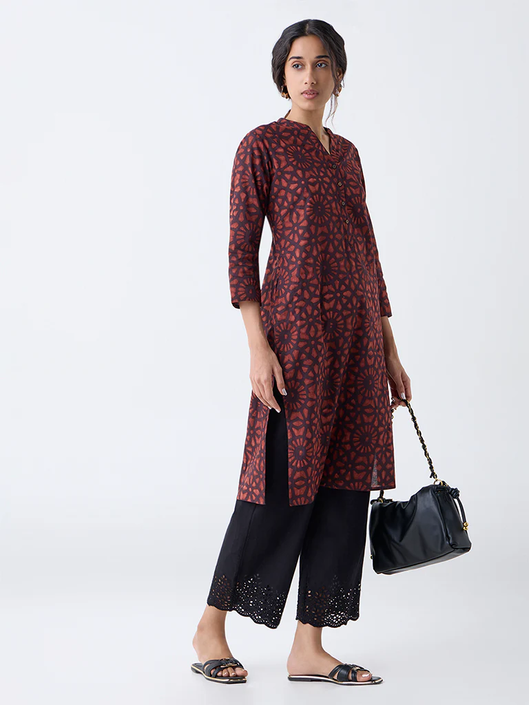 Utsa Rust Geometric Printed Straight Cotton Kurta - Image 2