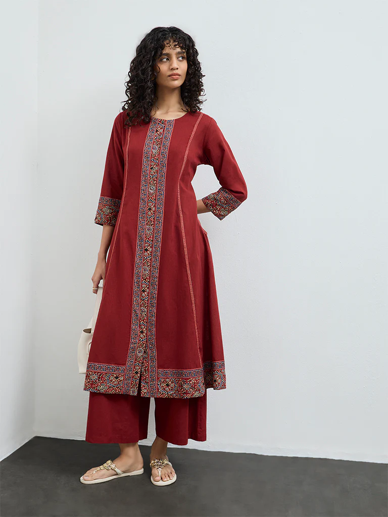 Utsa Rust Piping Detailed Cotton Anarkali Kurta - Image 2