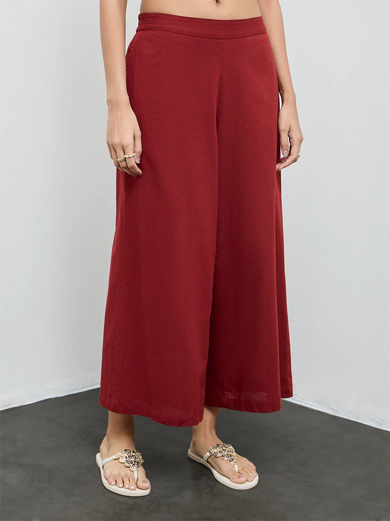 Utsa Rust Solid Mid-Rise Cotton-Blend Palazzos