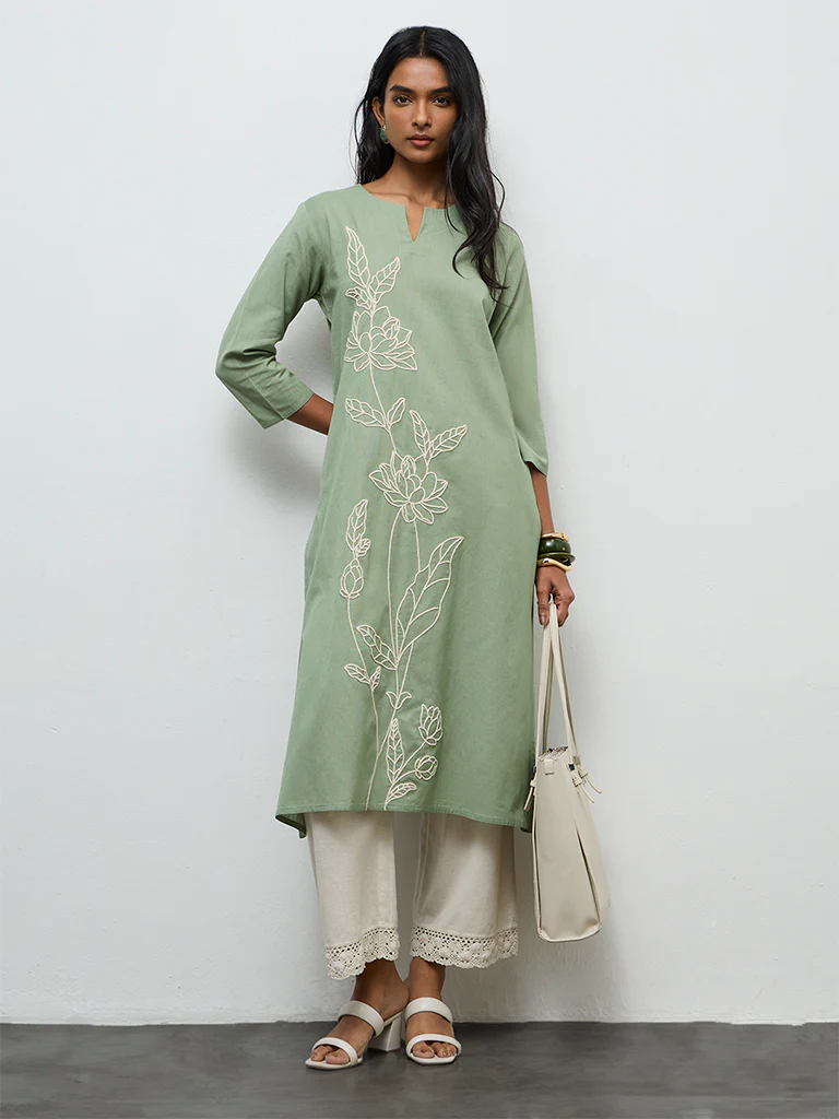 Utsa Sage Floral Embroidered Cotton-Blend A-Line Kurta