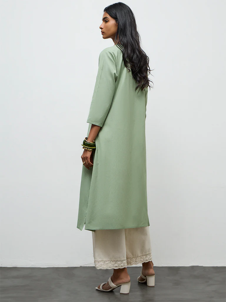 Utsa Sage Floral Embroidered Cotton-Blend A-Line Kurta - Image 4