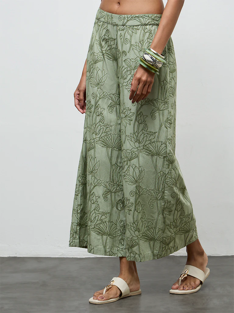 Utsa Sage Floral Embroidered Cotton Pants