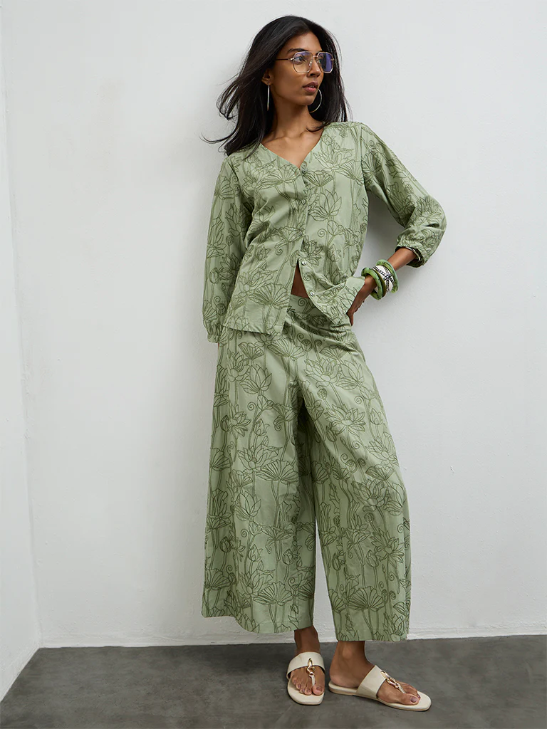 Utsa Sage Floral Embroidered Cotton Pants - Image 2