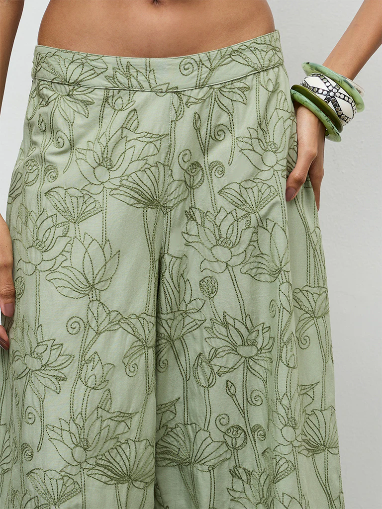 Utsa Sage Floral Embroidered Cotton Pants - Image 3
