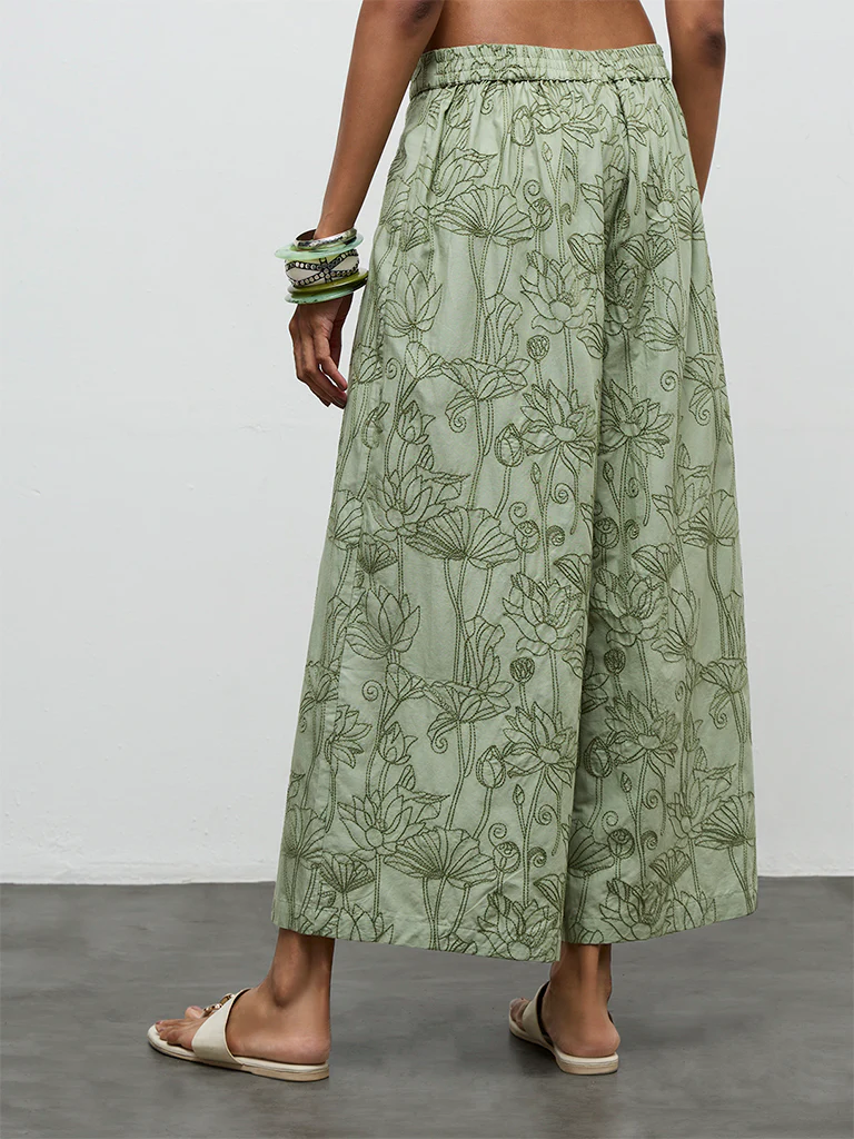 Utsa Sage Floral Embroidered Cotton Pants - Image 4