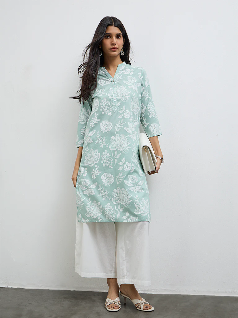 Utsa Sage Floral Printed Cotton Straight Kurta