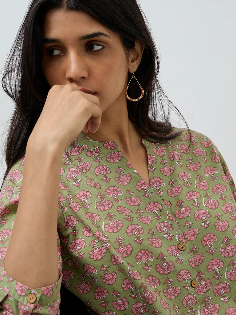 Utsa Sage Floral Printed Cotton Tunic - Image 3