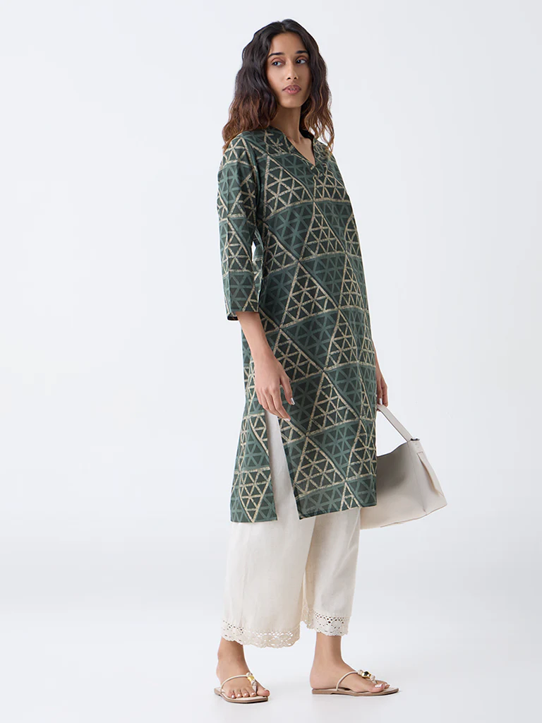 Utsa Sage Geometric Printed Straight Cotton Kurta - Image 2
