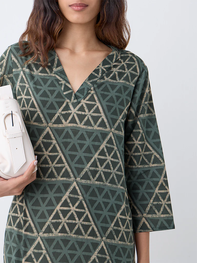 Utsa Sage Geometric Printed Straight Cotton Kurta - Image 3