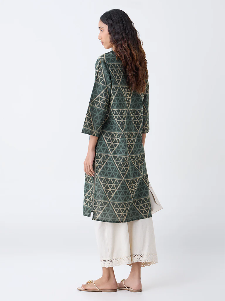 Utsa Sage Geometric Printed Straight Cotton Kurta - Image 4