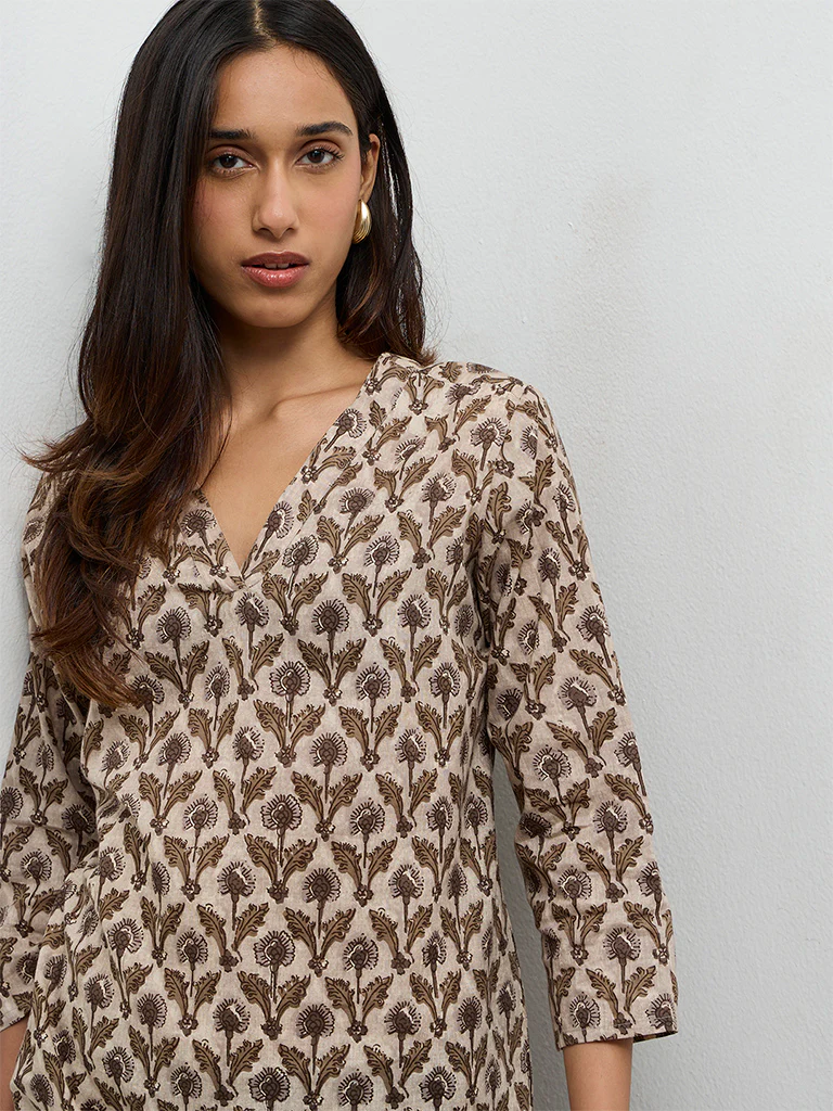 Utsa Taupe Botanical Butta Printed Cotton Straight Kurta - Image 3