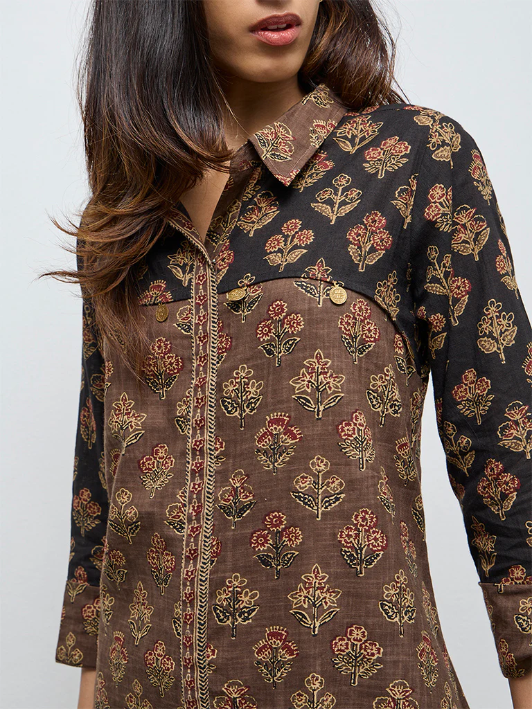 Utsa Taupe Botanical Design Cotton A-Line Kurta - Image 3