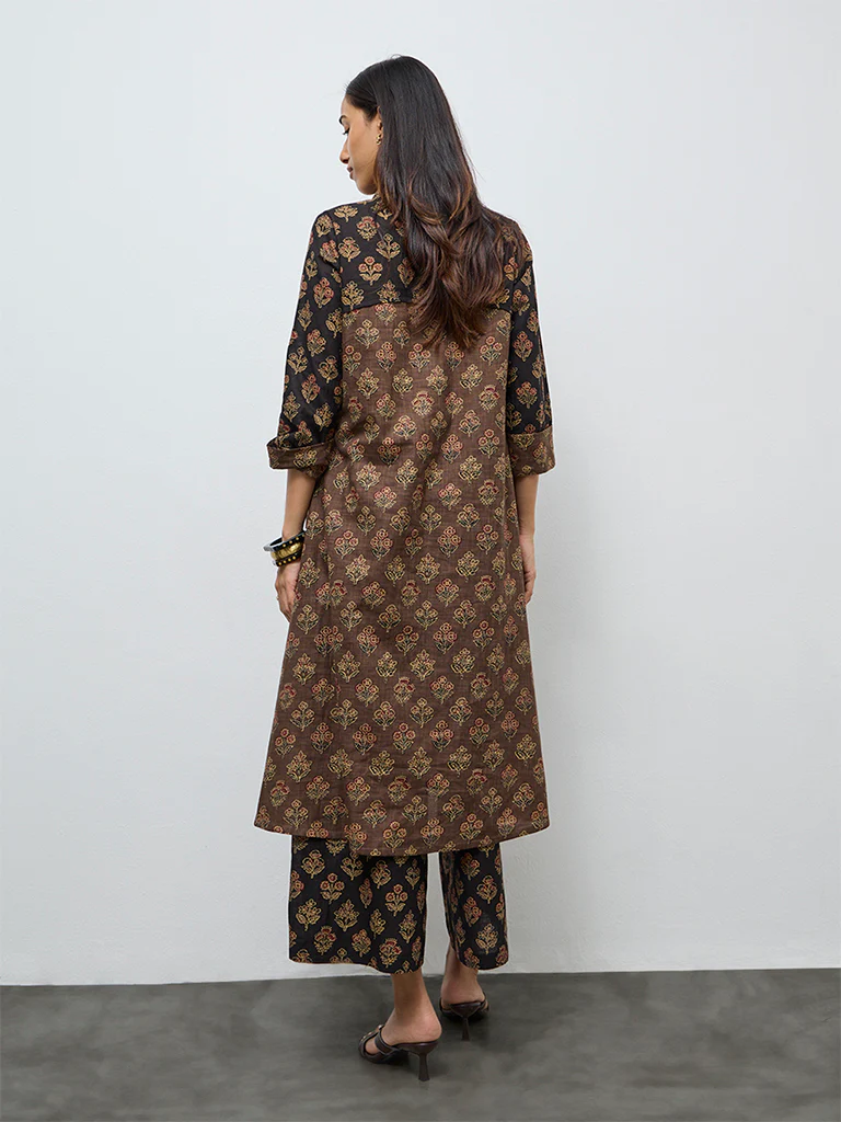 Utsa Taupe Botanical Design Cotton A-Line Kurta - Image 4