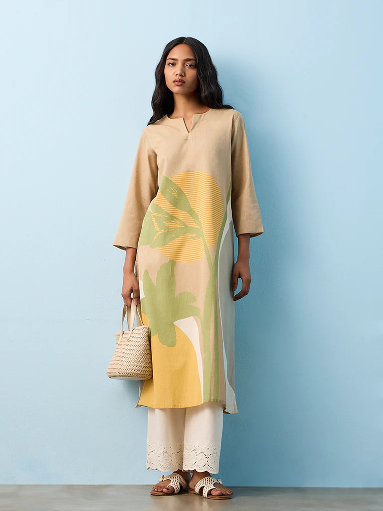 Utsa Taupe Botanical Printed Cotton-Blend A-Line Kurta