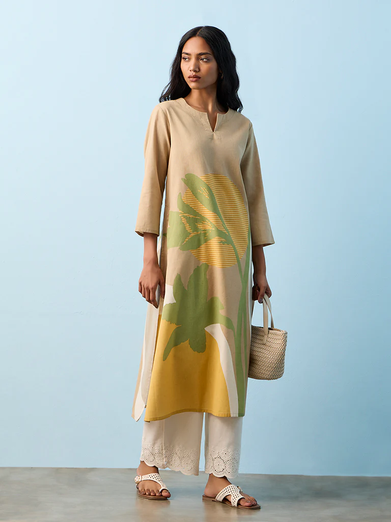 Utsa Taupe Botanical Printed Cotton-Blend A-Line Kurta - Image 2