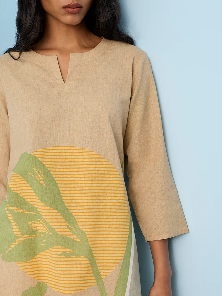 Utsa Taupe Botanical Printed Cotton-Blend A-Line Kurta - Image 3