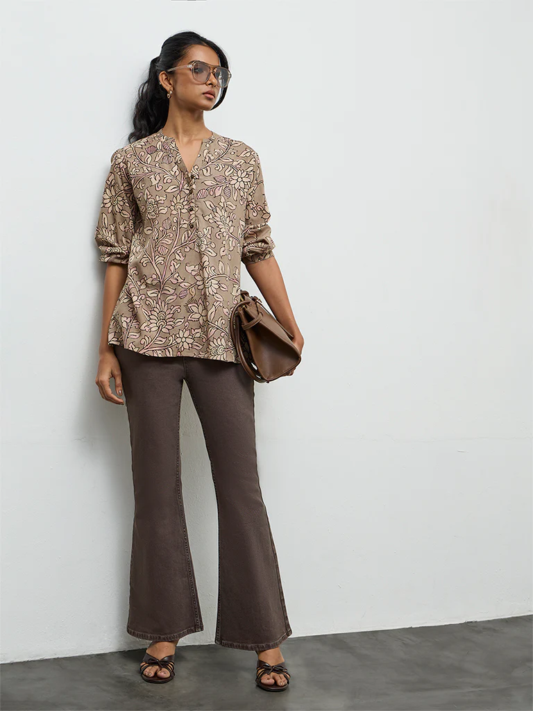 Utsa Taupe Botanical Printed Tunic - Image 2