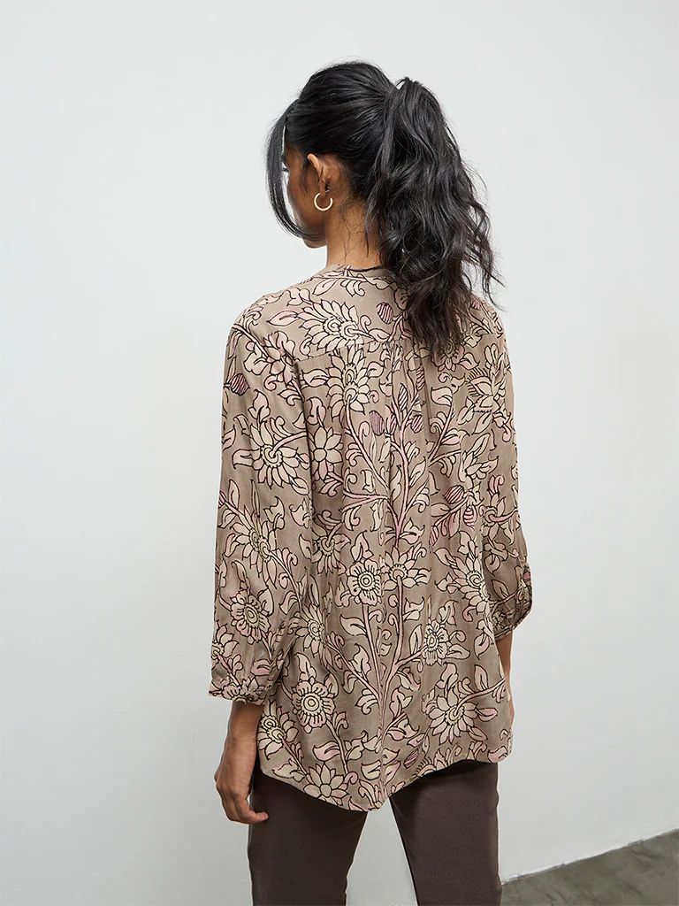 Utsa Taupe Botanical Printed Tunic - Image 4