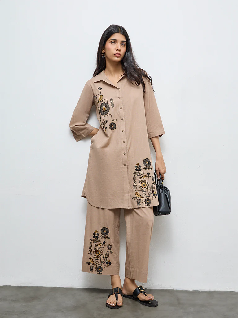 Utsa Taupe Embroidered A-Line Cotton Kurta