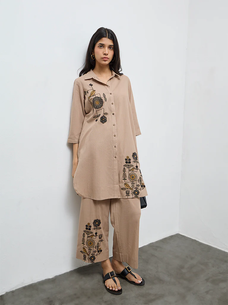 Utsa Taupe Embroidered A-Line Cotton Kurta - Image 2