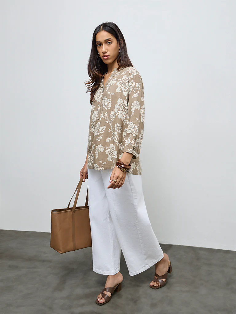 Utsa Taupe Floral Design Tunic - Image 2